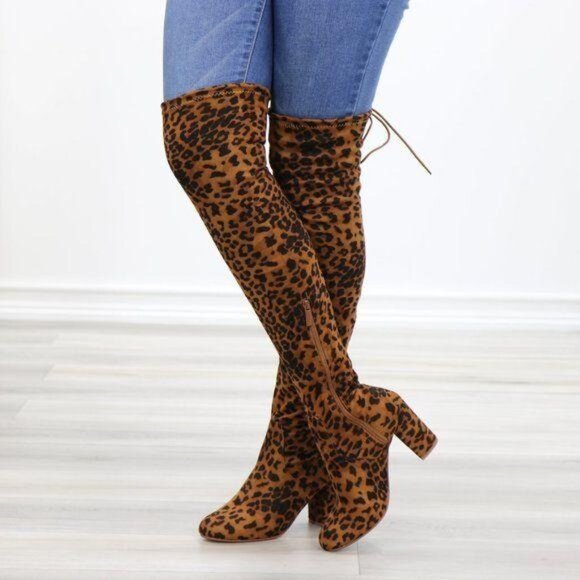 Suede Leopard Thigh High Heeled Boots - Picture 12 of 15